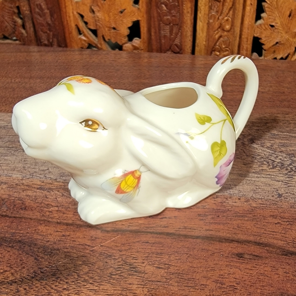 Graces Teaware Personal Ceramic Bunny Creamer with Bugs and Flowers